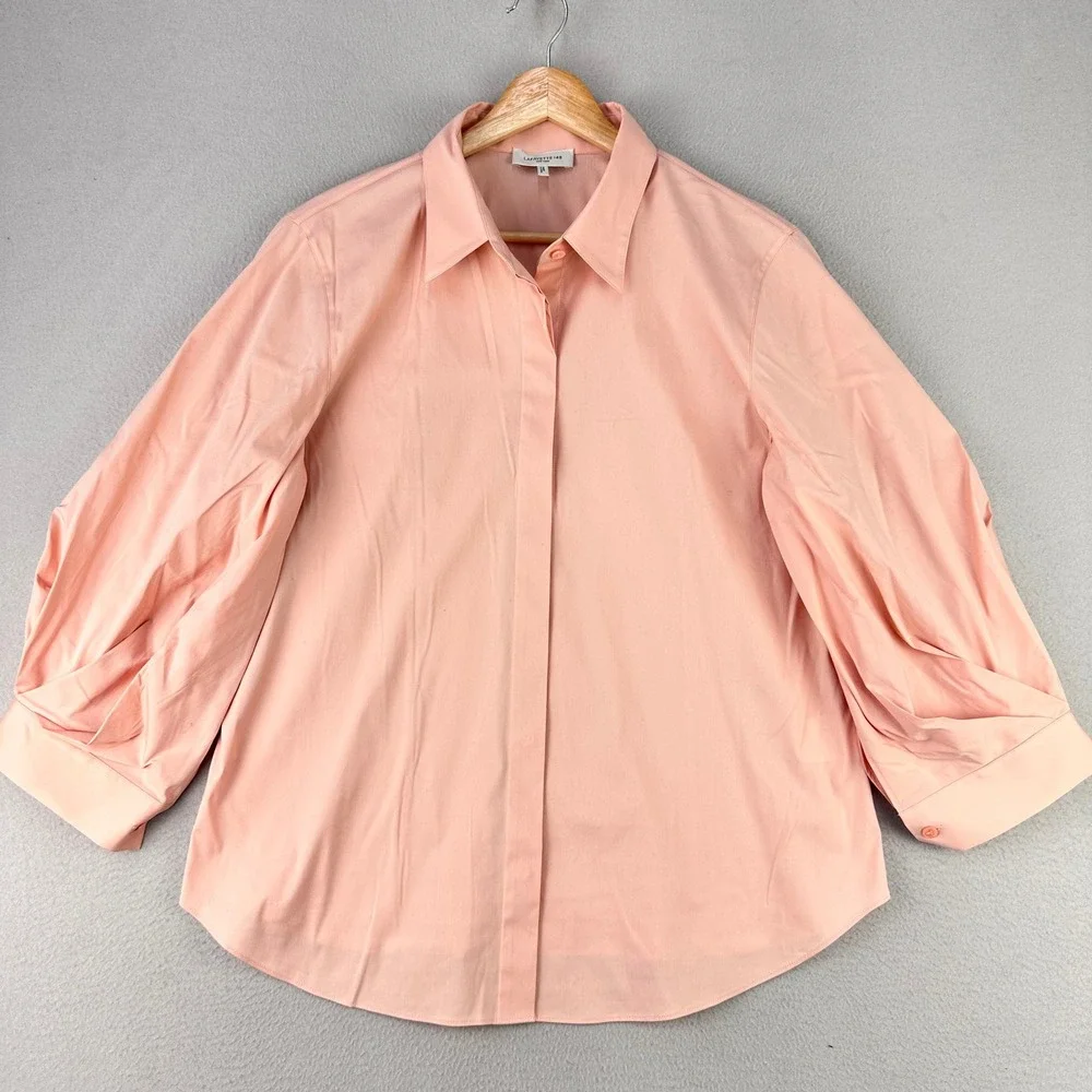 Lafayette 148 New York Button Down Shirt Blouse Womens 12 Pink Career Puff Sleev - Picture 1 of 8